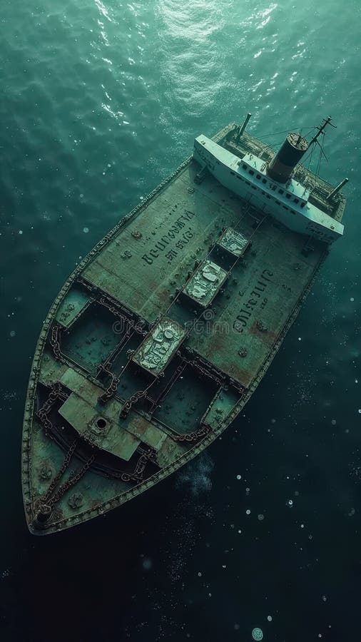 Rustic aerial view of abandoned ship in ocean stock photo