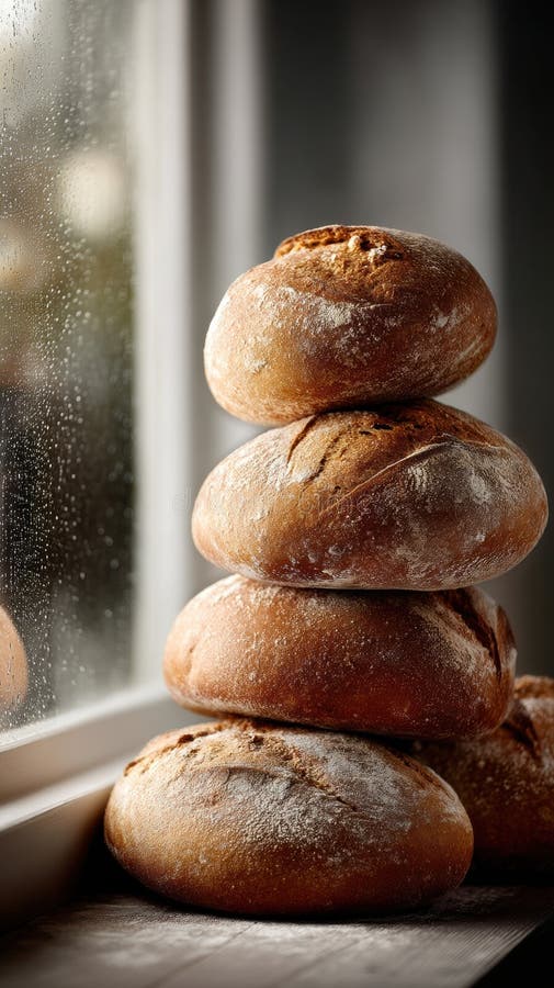 Rustic artisanal boules stack on wooden surface vector illustration