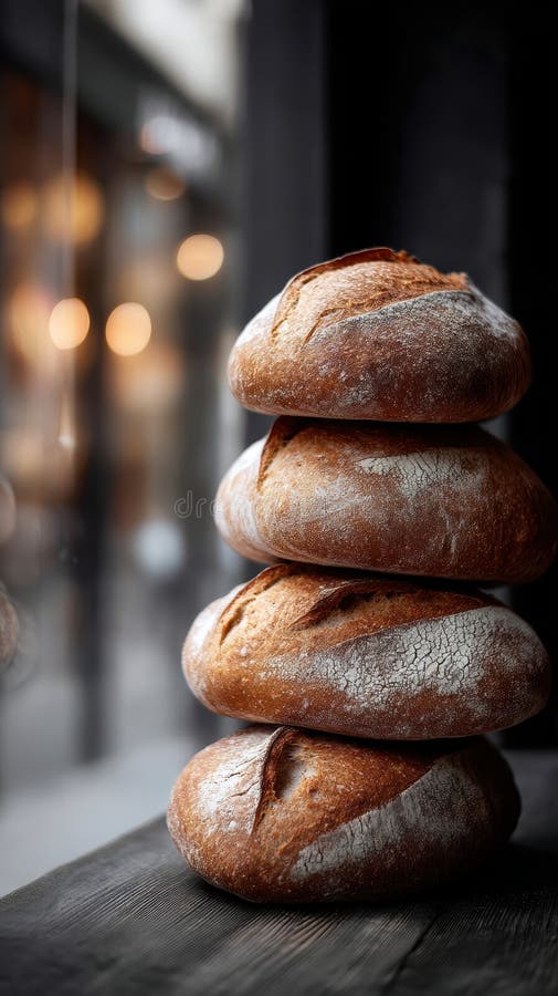 Rustic artisanal boules stack on wooden surface stock illustration