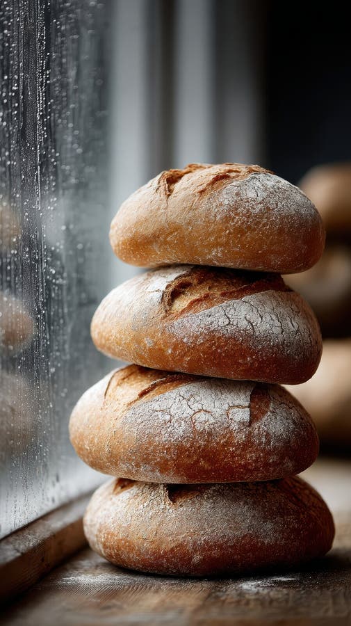 Rustic artisanal boules stack on wooden surface vector illustration