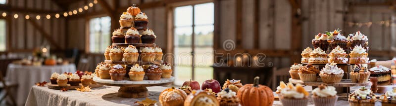 Rustic autumn cupcake and pastry tower with pumpkins for fall wedding dessert table and thanksgiving reception buffet display stock images