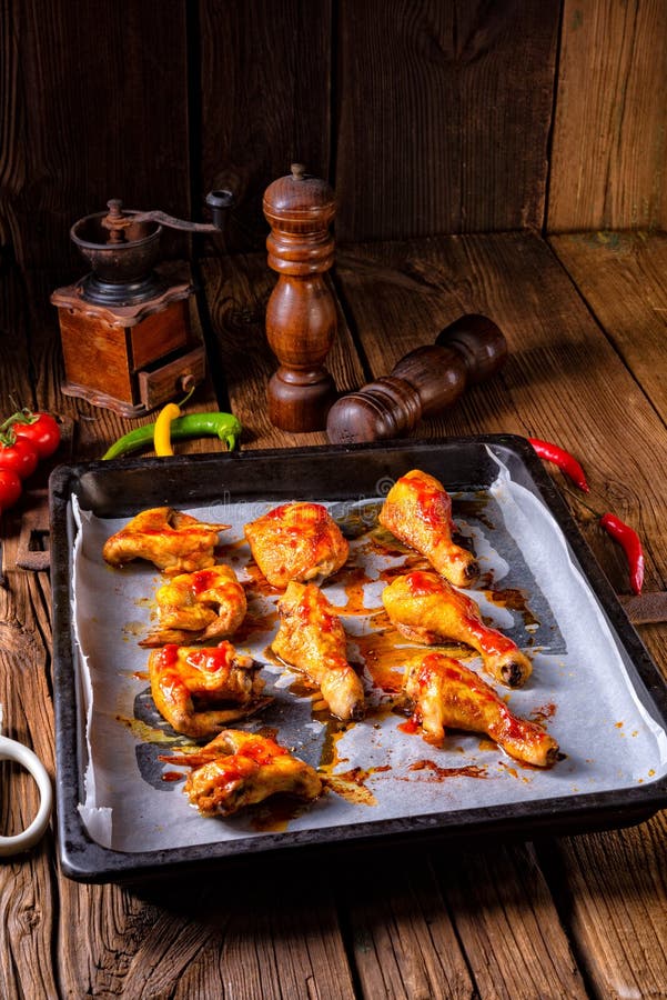 Rustic Backed Chicken Wings,legs on Baking Tray Stock Image Image of