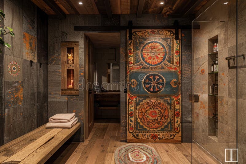 Rustic Bathroom with Door and Artistic Decor Stock Illustration