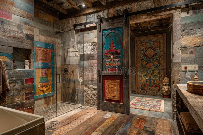 Rustic Bathroom with Door and Artistic Decor Stock Illustration