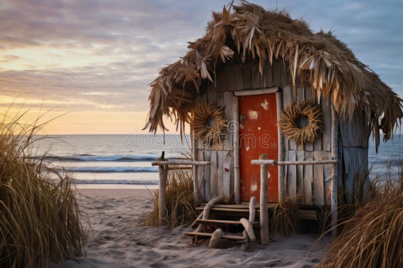 A rustic beach hut with a thatched roof, decorated with starfish and ropes stock photo