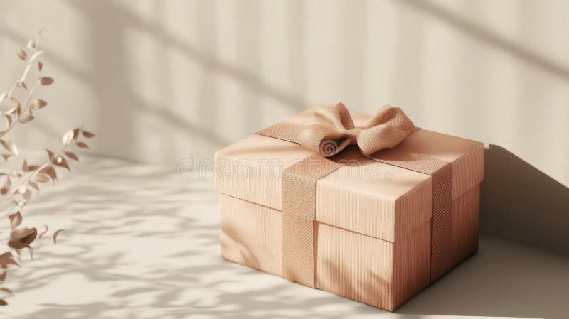 Rustic Beige Gift Box with Natural Ribbon stock illustration