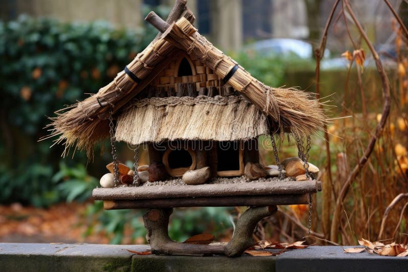 Rustic bird feeder with a thatched roof design stock illustration