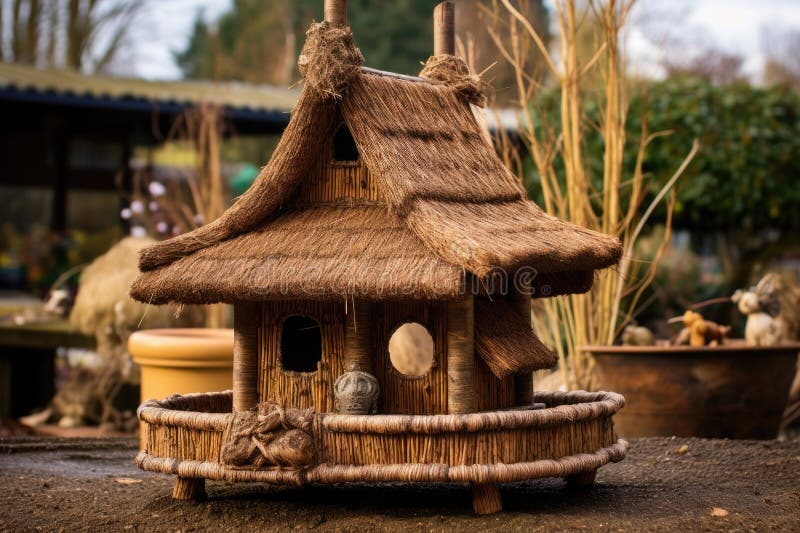 Rustic bird feeder with a thatched roof design vector illustration