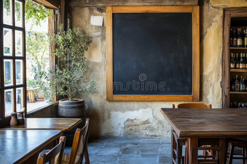Rustic blackboard in traditional greek tavern mediterranean
