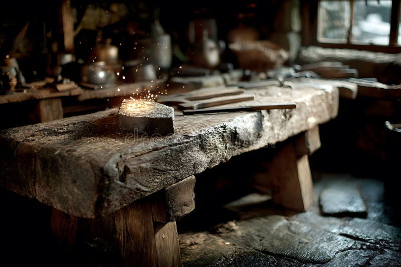 Rustic Blacksmith Workshop with Anvil and Tools Against a Stone Wall Generative AI royalty free stock images