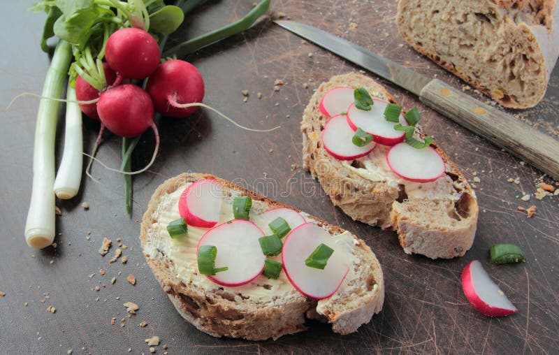 Rustic bread with radish stock image. Image of flour 40757695
