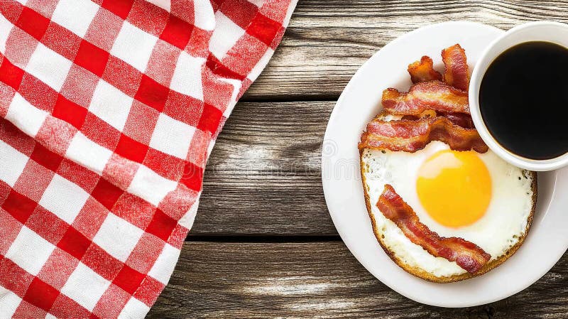 Rustic breakfast fried egg bacon coffee checkered cloth rustic breakfast fried egg bacon coffee checkered cloth fotos de archivo