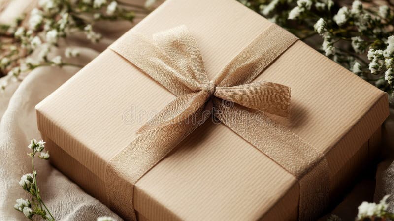 Rustic Brown Gift Box with Beige Ribbon and Flowers royalty free illustration