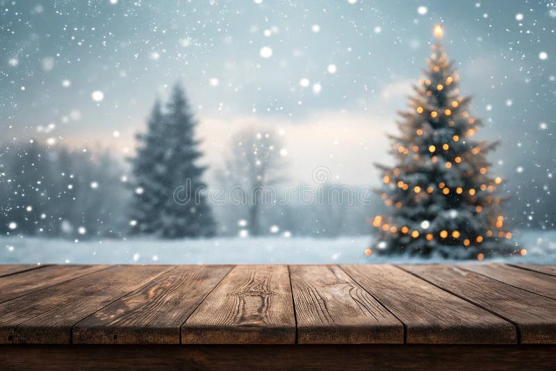 Empty brown wooden table top with abstract muted blur christmas tree and snow fall background with bokeh light,Holiday backdrop royalty free illustration