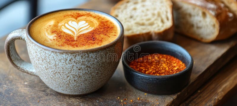 Rustic Cafe Ambiance Aromatic Spicte Latte accoppiato con pane artisanale e fiocchi di peperoncino royalty illustrazione gratis