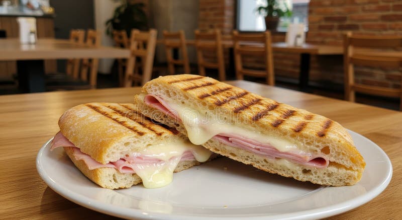 Toast Ciabatta Rustico con Prosciutto e Formaggio Svizzero. Pane ciabatta dorato, formaggio svizzero fuso, prosciutto saporito, ca illustrazione di stock