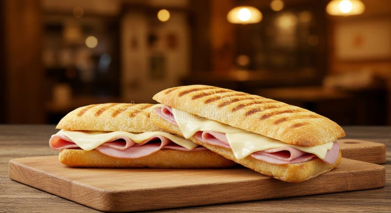 Panino Ciabatta con Prosciutto e Formaggio Svizzero in un Bar Rustico Pane ciabatta dorato prosciutto saporito formaggio svizzero illustrazione di stock