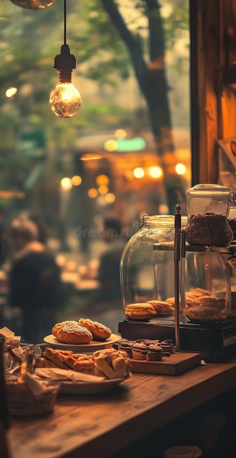 Rustic Cafe Counter con pascoli freschi sotto illuminazione a freddo in locali bui all'aperto illustrazione di stock