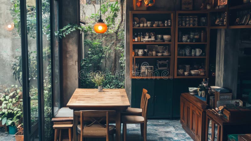 Rustic Cafe Interior con tavole di legno e ripiani illustrazione vettoriale