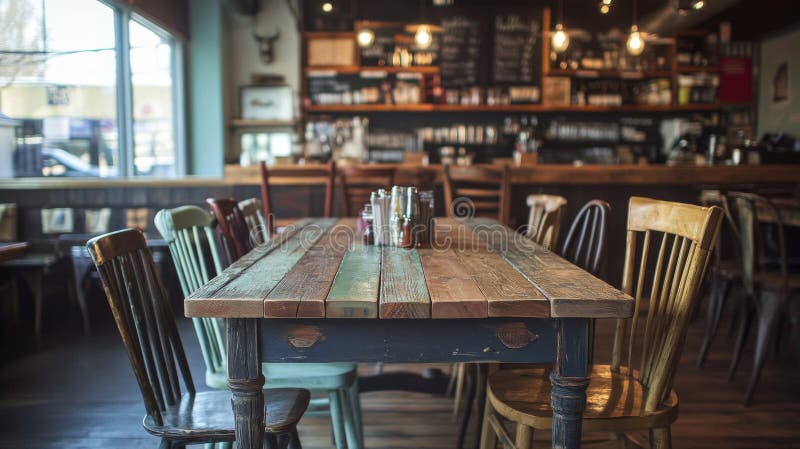 Rustic Cafe Interior con tavole e sedie di legno di vintage royalty illustrazione gratis
