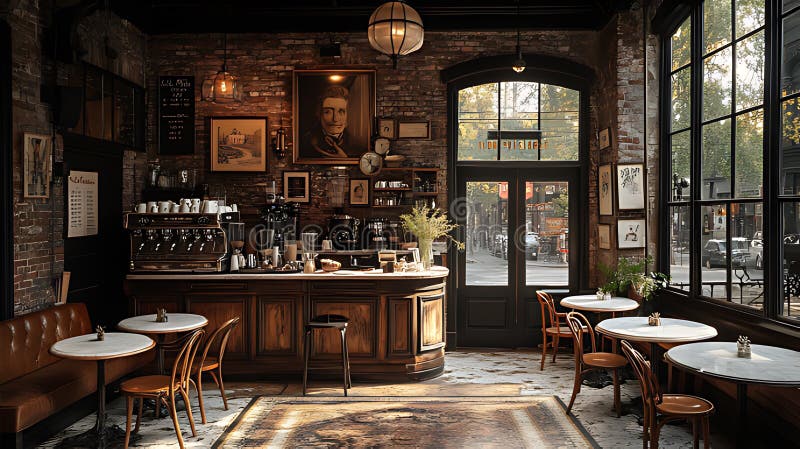 Rustic Café Interior City Street View Morning bar illustrazione di stock