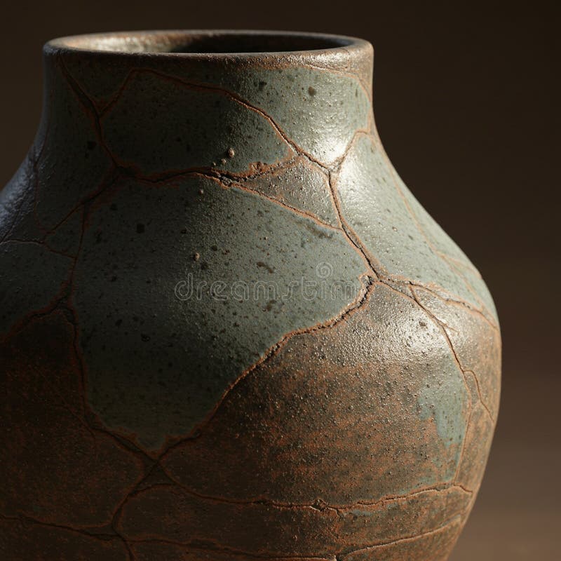 Rustic ceramic vase with a matte finish, featuring cracks highlighted by subtle gold royalty free illustration