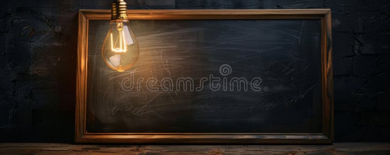 Rustic chalkboard with Edison bulb lighting on wooden table, moody atmosphere. Education and creativity concept stock photo