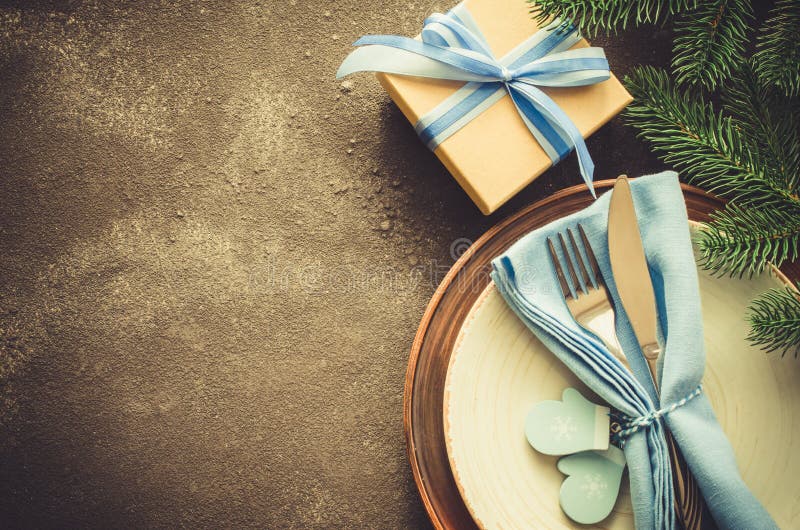 Rustic Christmas table setting. Winter background for writing the Christmas or New Year Menu royalty free stock photo Rustic Christmas table setting. Winter background for writing the Christmas or New Year Menu royalty free stock photo