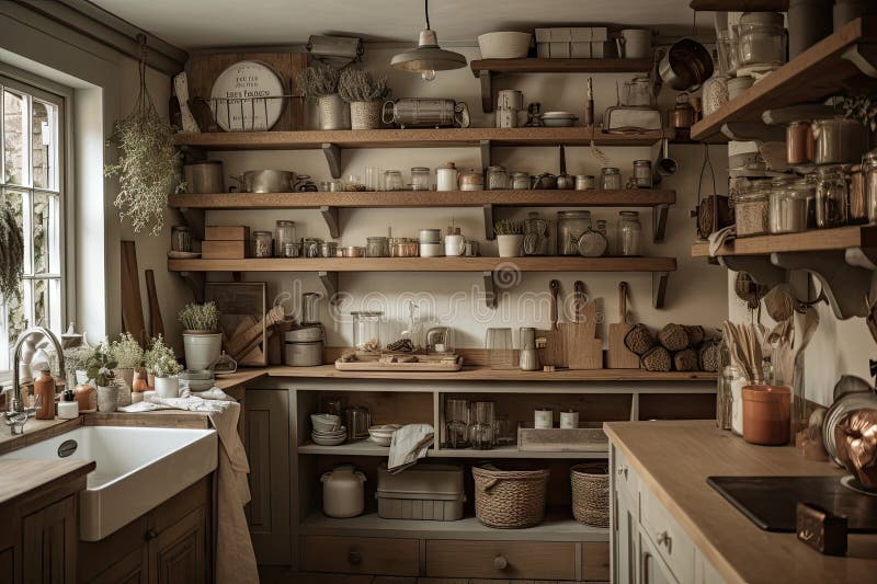 Rustic and Cottagestyle Kitchen with Open Shelving, Baking Dishes, and