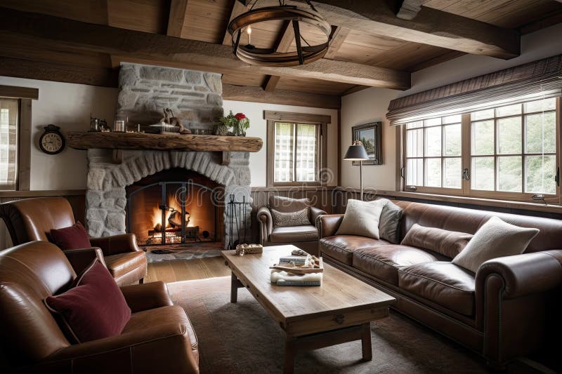 Rustic and Cottagestyle Living Room with Cozy Fireplace and Leather