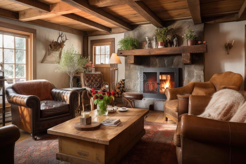 Rustic and Cottagestyle Living Room with Cozy Fireplace and Leather