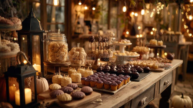 Rustic Dessert Table with Warm Lighting and Autumnal Treats royalty free illustration