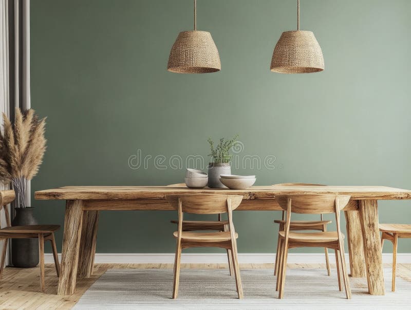 Rustic Dining Room Εσωτερική Σχεδίαση Με Πράσινο Τοίχο Και Ξύλινα Έπιπλα Οικιακής Χρήσης ελεύθερη απεικόνιση δικαιώματος