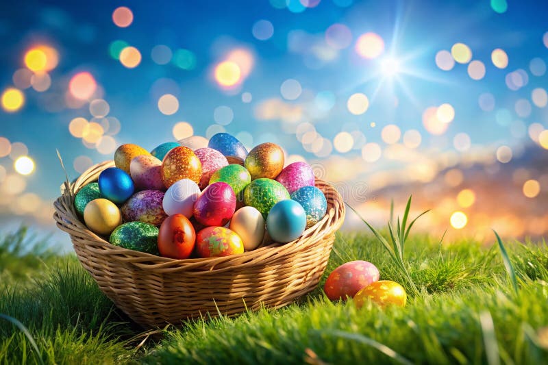 A Rustic Easter Basket Filled with Colorful Eggs Nestled on a Lush Spring Hill Under a Pristine Blue vector illustration