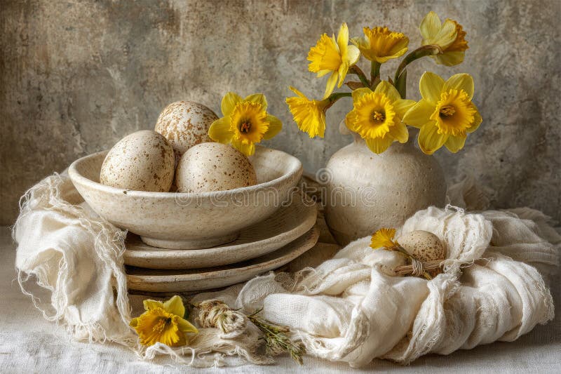 A rustic Easter table shows a linen table runner with plates. Small decorations and spring flowers are placed with eggs royalty free stock image
