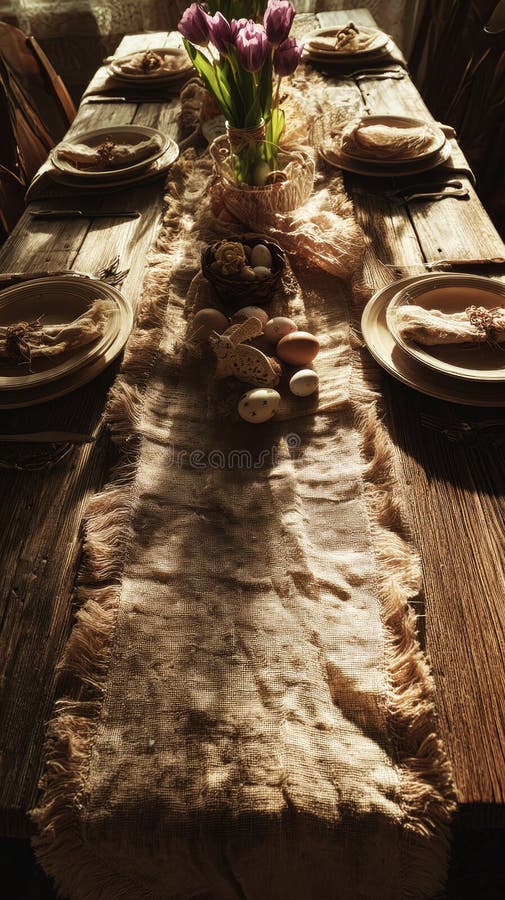 A rustic Easter table shows a linen table runner with plates. Small decorations and spring flowers are placed with eggs royalty free stock image