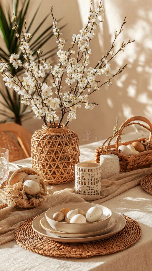 A rustic Easter table shows a linen table runner with plates. Small decorations and spring flowers are placed with eggs royalty free stock images