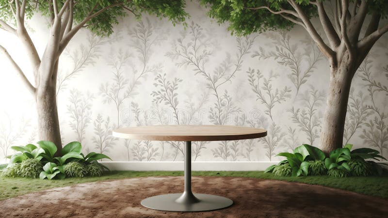 Rustic Elegance, Showcase Your Product on a Natural Style Display Table in a Tranquil Flower Garden Setting royalty free illustration