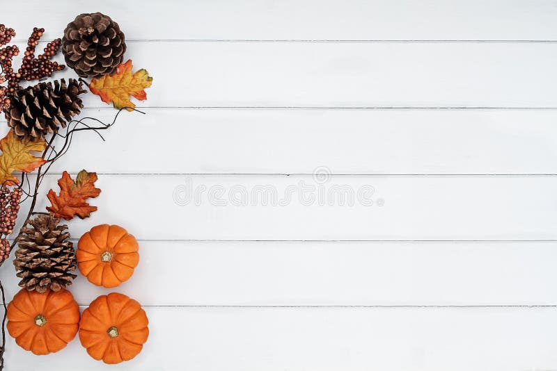 Pumpkins and Pine Cones Over Wooden Background