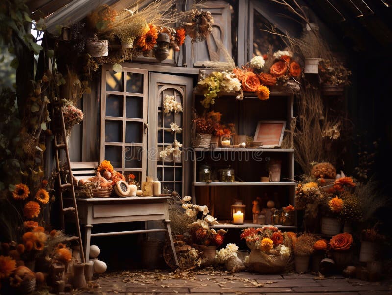 Rustic Fall decorations with wooden hutch stock photo in the forest