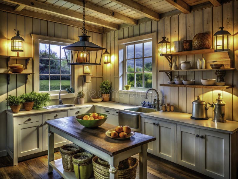 Rustic Farmhouse Kitchen Food Photography A Warm Inviting Background Featuring LanternLit Plastic Siding for Culinary royalty free illustration