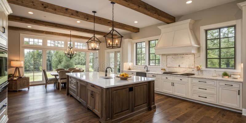 Rustic Farmhouse Kitchen Wood Beams, Island and Natural Light, farmhouse kitchen design, kitchen interior design royalty free illustration