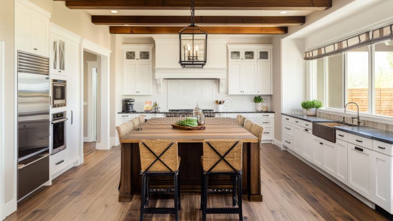 Rustic Farmhouse Kitchen Wood Island, White Cabinets, Lantern Light,Farmhouse Kitchen Design, Kitchen Island. Farmhouse, Kitchen stock illustration