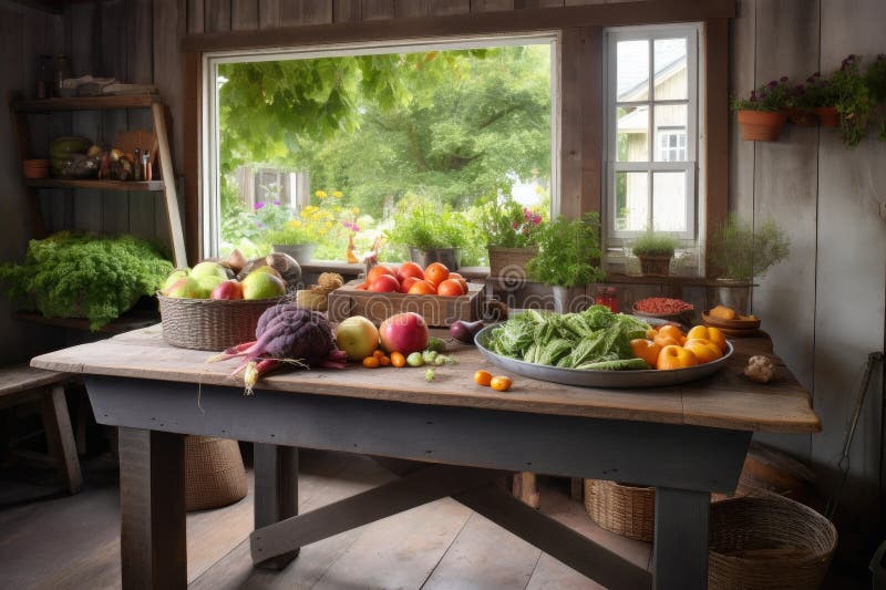 A Rustic Farmhouse Table Surrounded by Fresh Fruit, Vegetable and Herbs ...