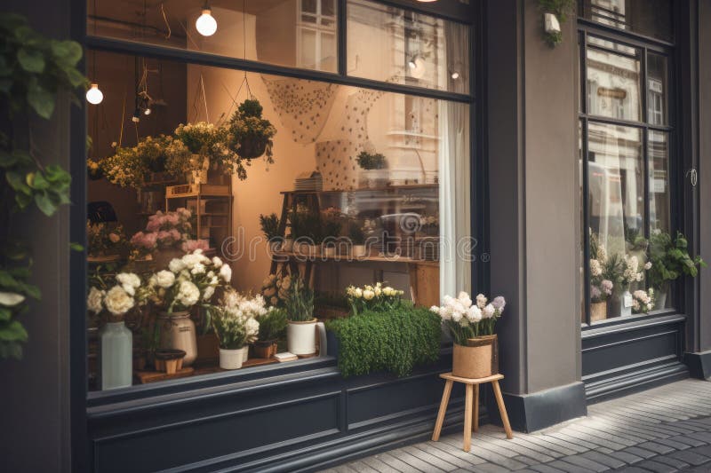 Rustic Flower Shop Windows Displaying Beautiful Blooms, Generative AI Stock Illustration