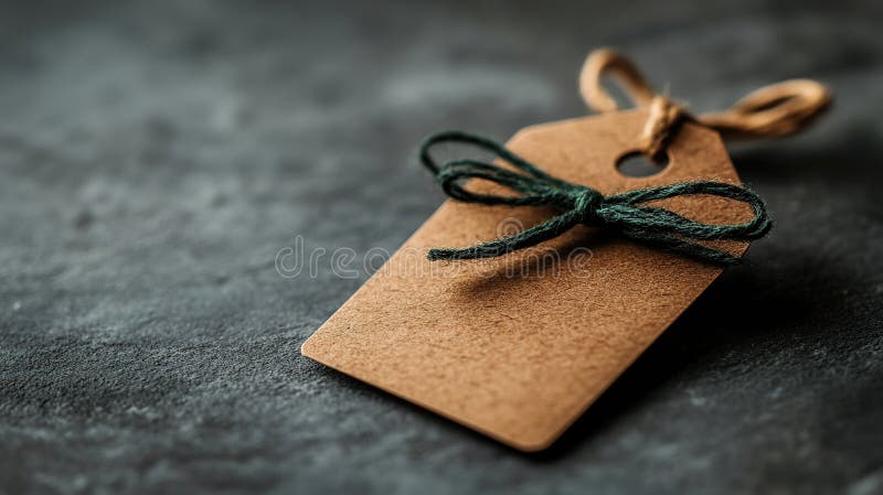Rustic gift tag with a dark green ribbon bow stock illustration
