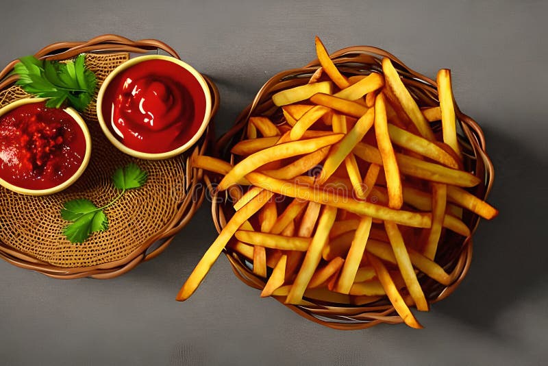 Rustic Golden Homemade French Fries with Tomato Ketchup Stock
