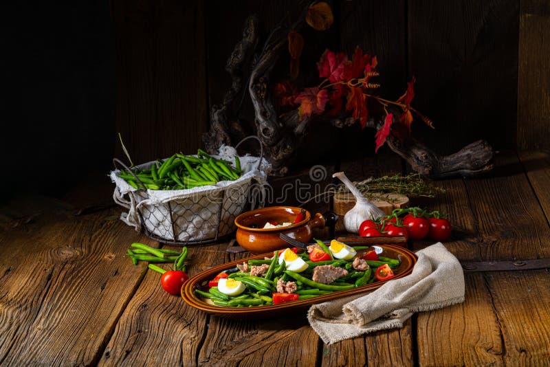 Rustic Green Bean Salad with Egg and Tuna Stock Image Image of