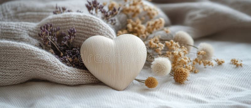 A rustic greeting card design mockup with an engraved wooden heart, copy space, and dried flowers royalty free stock image