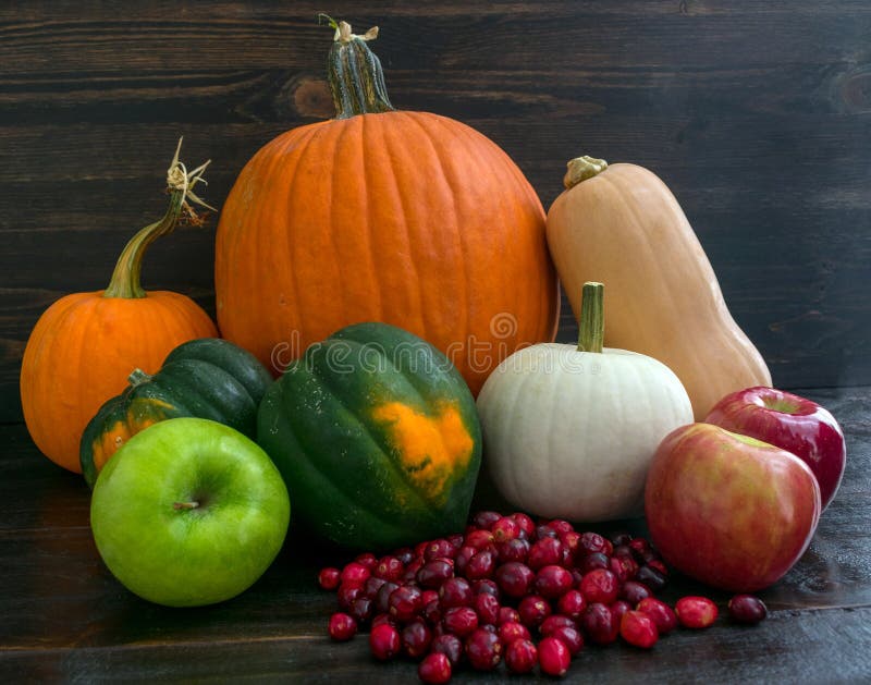 Group of Various Winter Squash with Red and Green Apples and ...